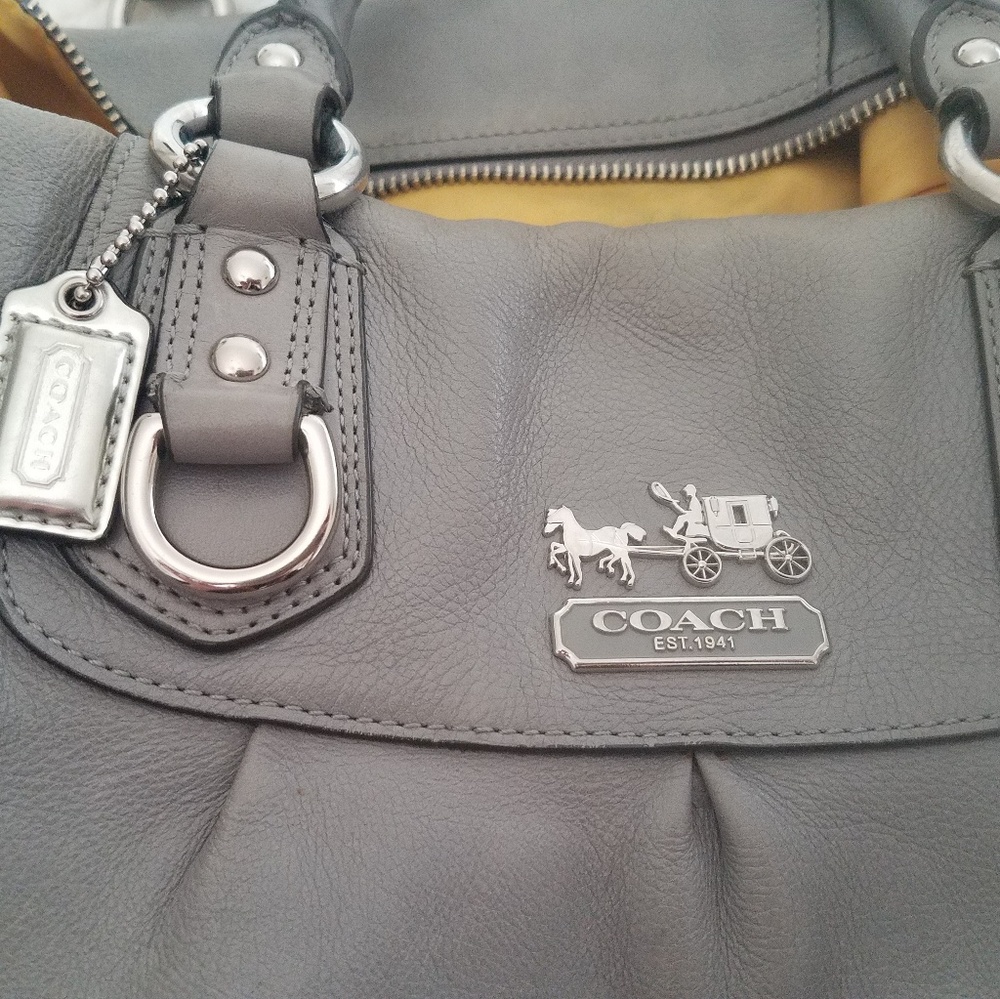 Gray or Grey and Yellow large leather Coach purse